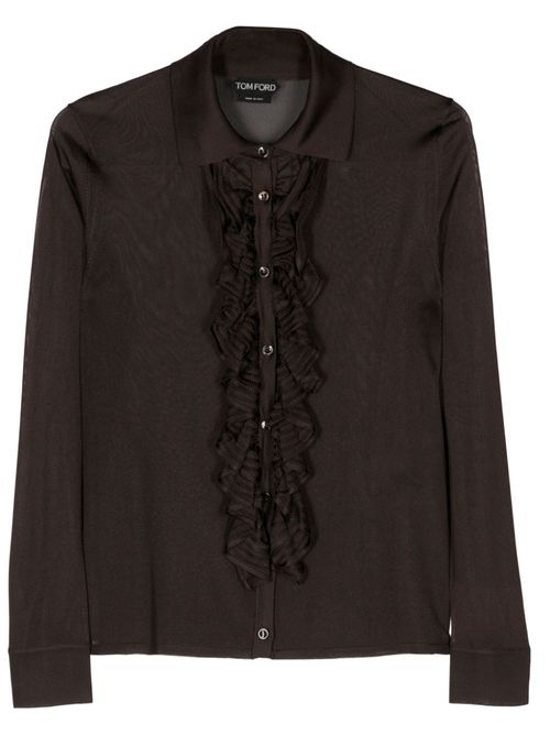 Ruffled-trim semi-sheer shirt - Brown