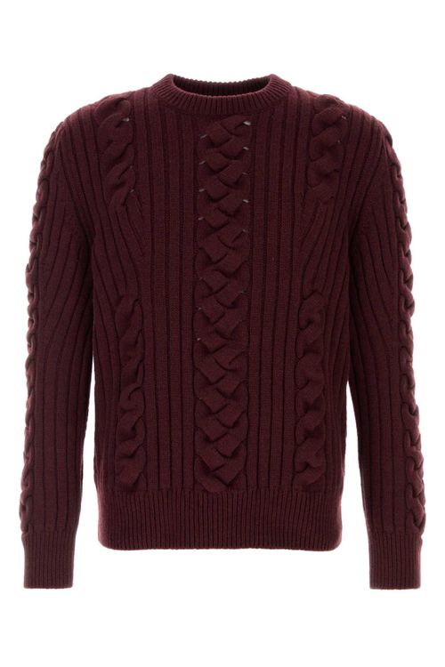 Cable-Knit Wool Blend Sweater — Burgundy