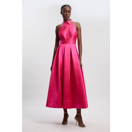 Karen Millen Women's Twill Contrast Collared Woven Maxi Dress in Fuchsia