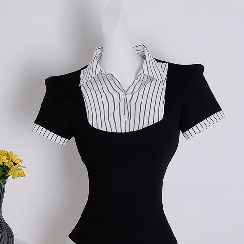 temu | TEMU Women's Y2k Style Short Sleeve Blouse With Striped Collar ...
