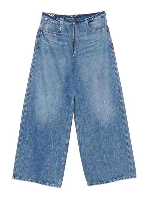 Frayed Waist Wide Leg Zip-Up Jeans