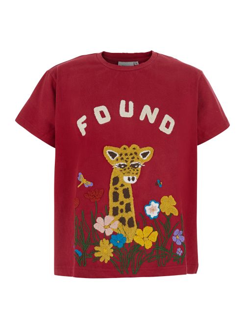 Embroidered Giraffe & Floral Print T-Shirt — Red
