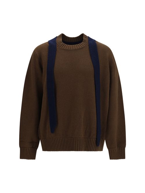 Wool Knit with Integrated Scarf Cardigan — Brown