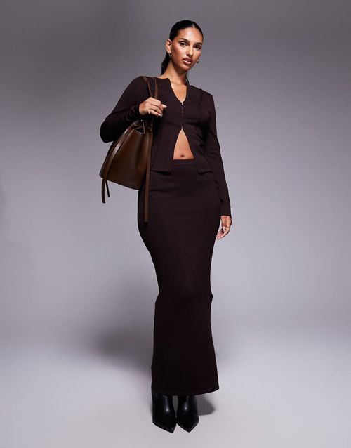 Knitted maxi column skirt co-ord in brown