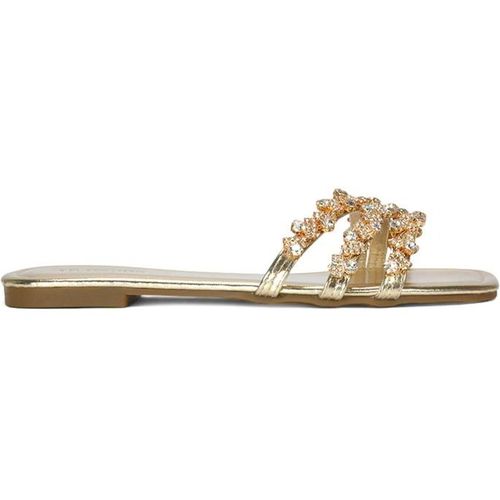 XY London Women's 'Hazel' Flat Diamante Slider Sandals w/ Square Toe in Metallic Gold