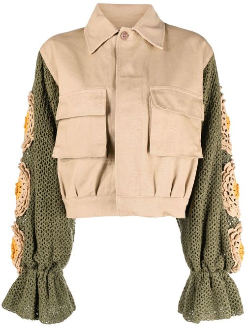 Knit-sleeve cropped jacket - Neutrals