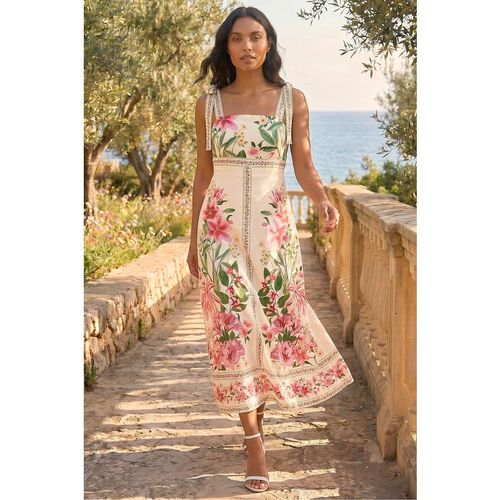 Roman Womens Tropical Print Sequin Midi Dress - Crea