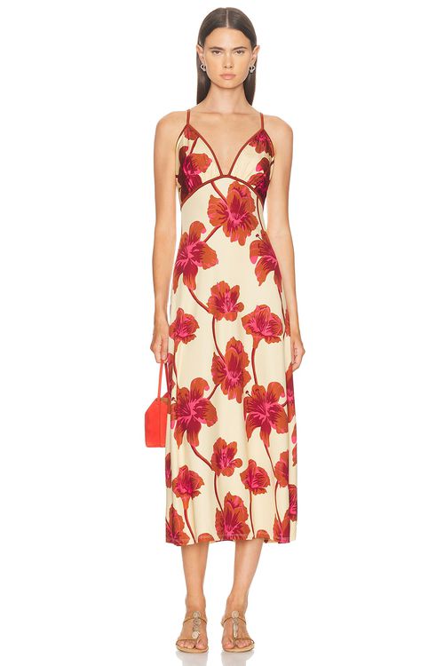 Johanna Ortiz Sendero De Astromelias Ankle Dress in Ecru Camel Wine & Pink - Cream,Rust. 4 also in