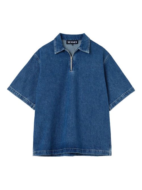 Half-zip denim polo shirt - Blue