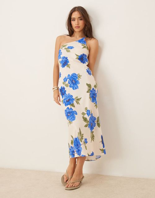 Nobody's Child Ellie satin one shoulder midi dress in blue floral