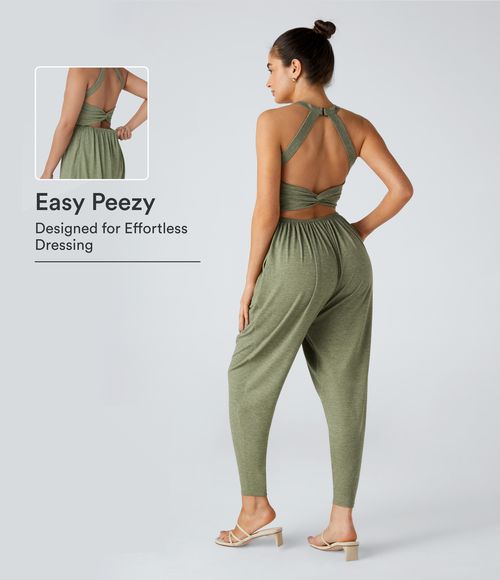 U Neck Pocket Harem Casual Jumpsuit-Easy Peezy Edition  - Light Green Floral Yarn