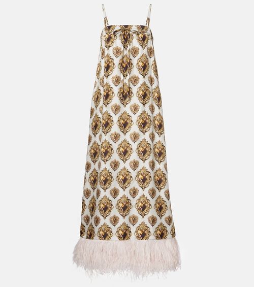 Feather-trimmed printed silk maxi dress