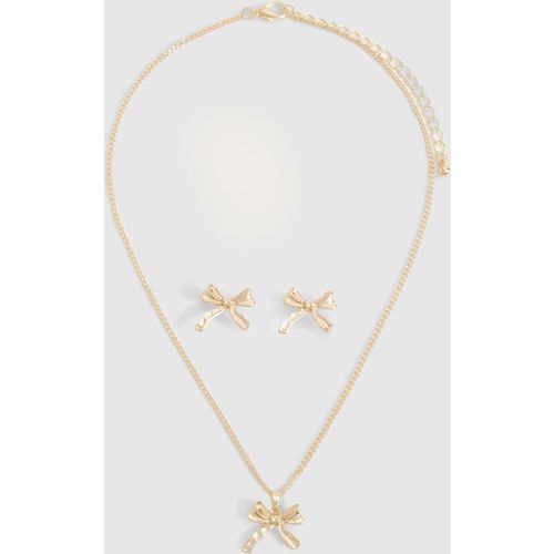 Womens Mini Bow Detail Necklace & Earring Set - Gold - One Size, Gold