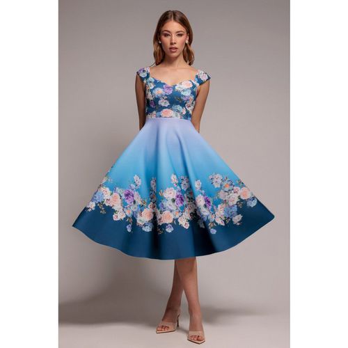 Goddiva Floral Printed Scuba Foam Skater Dress - Blue