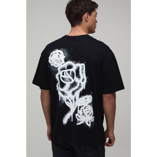 BoohooMAN Mens Black Oversized Graffiti Floral Print T-Shirt Cotton - Mediu