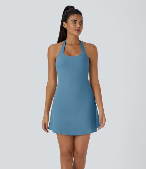 SoftlyZero™ Plush Halter 2-in-1 Pocket Mini Slip Active Dress Workout Dress - Warm Mid Blue