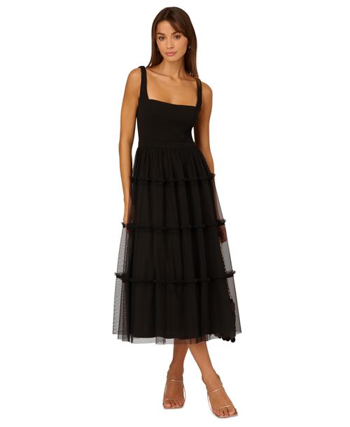 Adrianna by Adrianna Papell | Women's Square-Neck Midi Mesh Dress - Black |  Realry