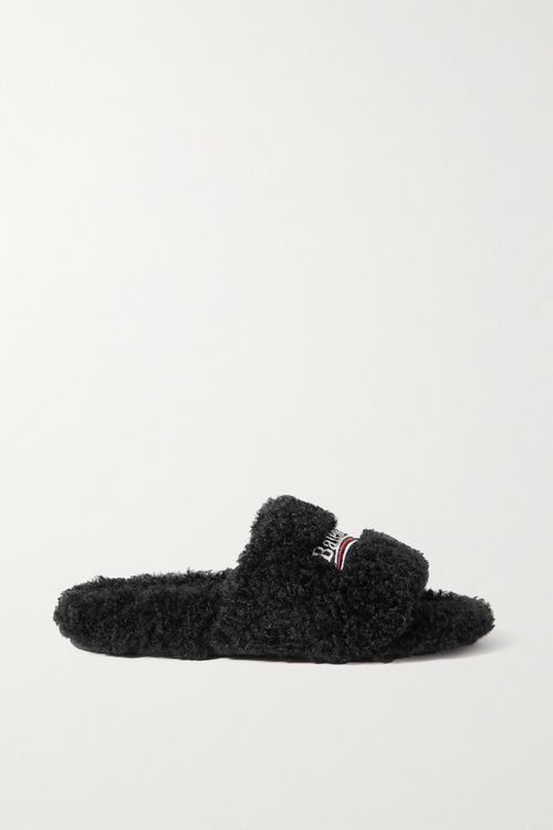 Furry Logo-embroidered Faux Shearling Slides - Black