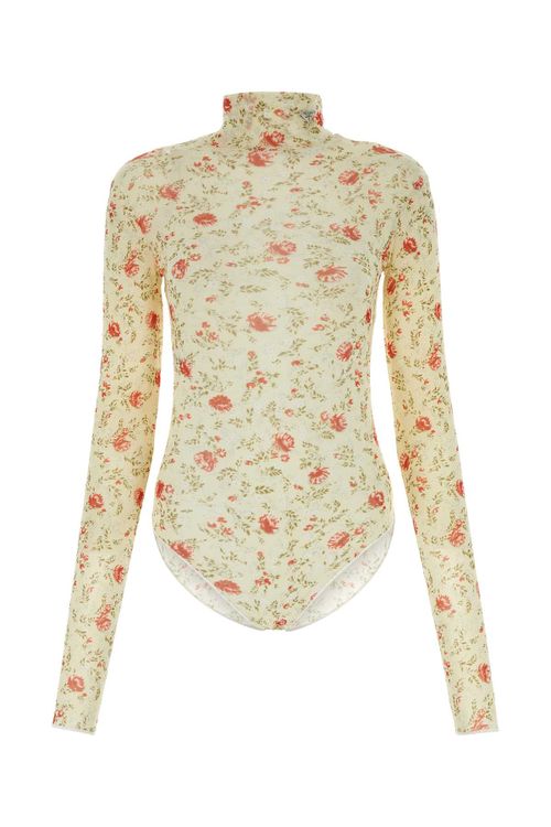 Floral-Print Nylon Bodysuit — Beige
