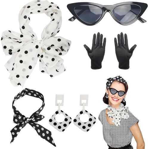 TEMU 5tlg Rockabilly Accessories 1950s Dress Accessories With Polka Dot Chiffon Scarf 1960s Clothing Set 1950s Costume 1950s Qutfit Women's Halloween