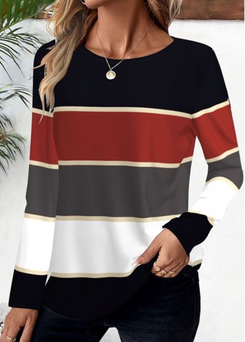 Modlily Deep Red Striped Long Sleeve Round Neck T Shirt