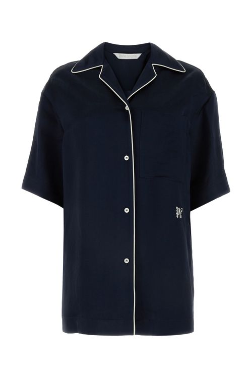 Contrast-Piped Bowling Shirt — Navy
