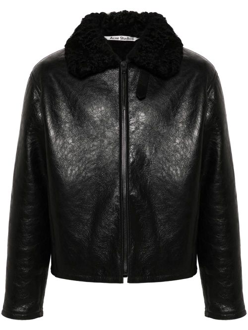 Shearling-collar leather jacket - Black