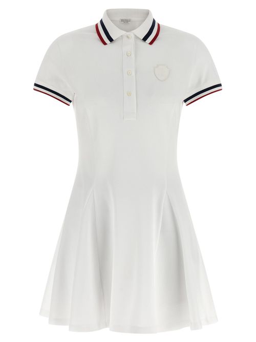 Striped Collar Piquet Cotton Polo Dress — White