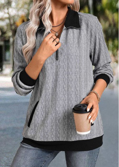 Modlily Grey Zipper Long Sleeve Shirt Collar Sweatshirt