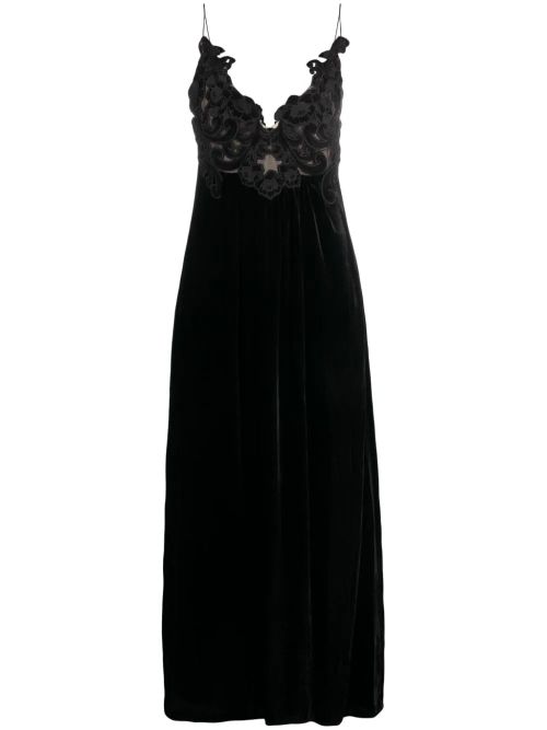 Floral-Embellished Velvet Dress — Black