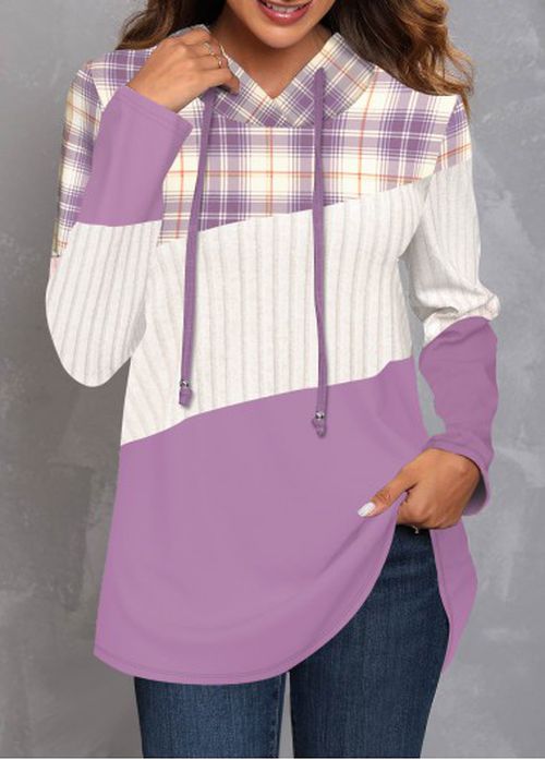 Modlily Purple Patchwork Plaid Long Sleeve Hoodie