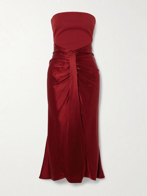 Wayfaring Strapless Gathered Satin And Ponte Midi Dress