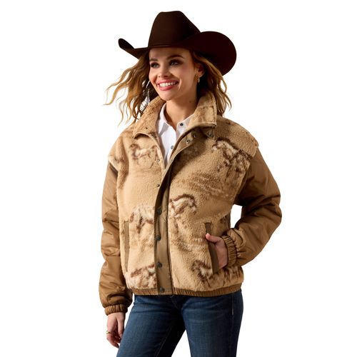 Women's Sherpa Blocked Jacket Long Sleeve in Wild Horses Print Tiger's Eye, Size X-Small, by