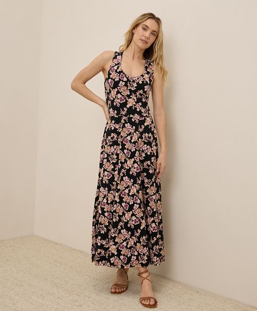 Women's Scattered Posies Black Fit & Flare Open Back Maxi Dre