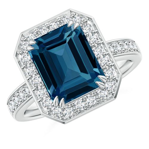 Angara 4.0 Carats Emerald-Cut London Blue Topaz Engagement Ring with Halo in Platinum