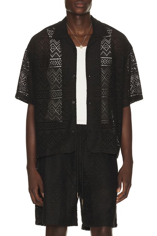 Honor The Gift Pointelle Crochet Camp Collar Shirt in Black - Black. L also in M, S, XL/1X, XXL/2X