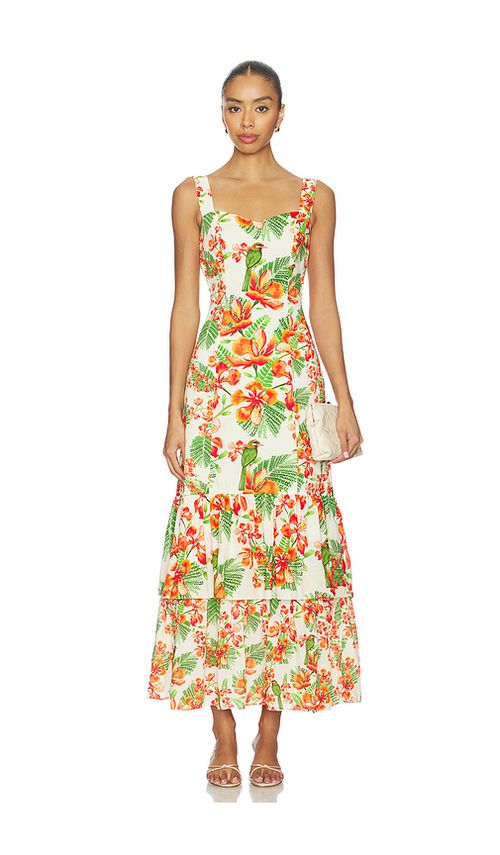Verandah Garden Tiered Maxi Dress in Ivory Multi Gulmohar. S also in XS