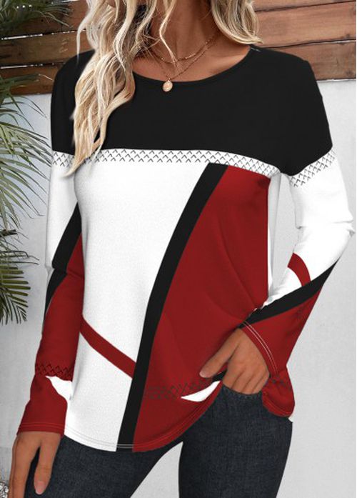 Modlily Multi Color Patchwork Geometric Print Long Sleeve T Shirt