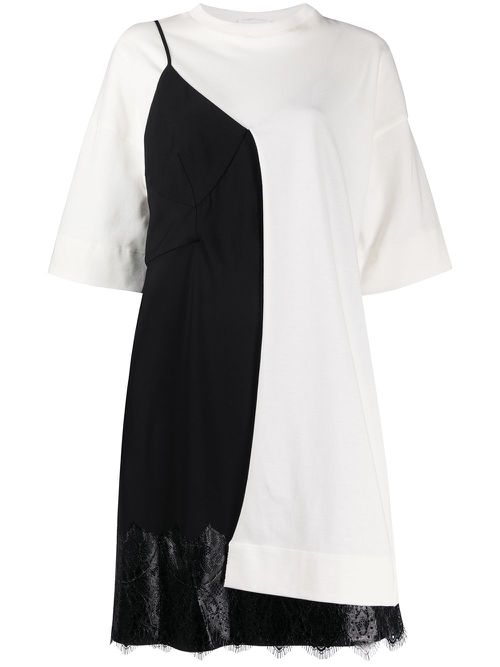 Colour block lace-panel dress - White