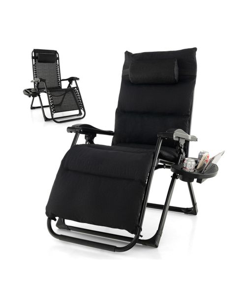 Adjustable Metal Zero Gravity Lounge Chair with Removable Cushion and Cup Holder Tray - Black