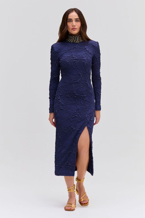 Chain Embellished Jacquard Midi Dress