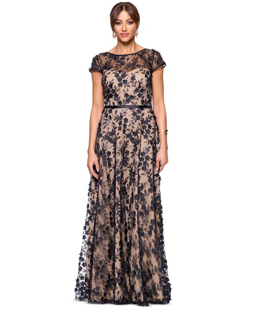 Petite Short-Sleeve Boat-Neck Embellished-Overlay Gown - Black/Nude