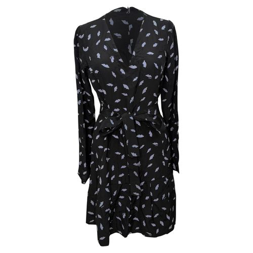 Drop Waist Lips Print Midi Dress in Black Silk
