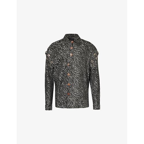 Mens Black/silver Abstract-print Long-sleeved Regular-fit Woven-blend Shirt L