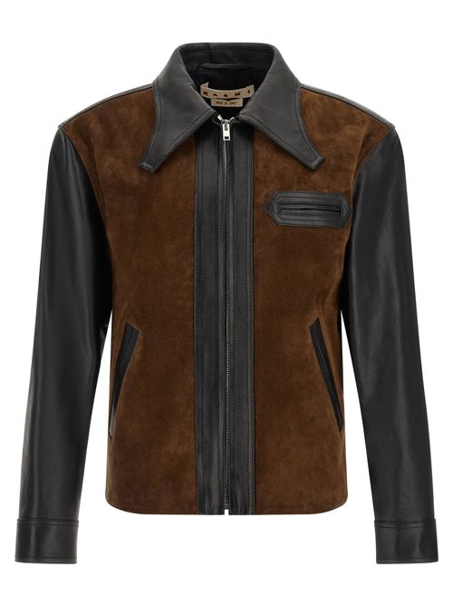 Suede and Calfskin Color-Block Jacket — Brown