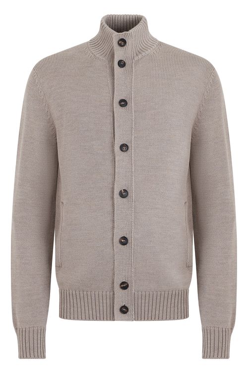 Men's Button-Front Wool Cardigan with High Collar
