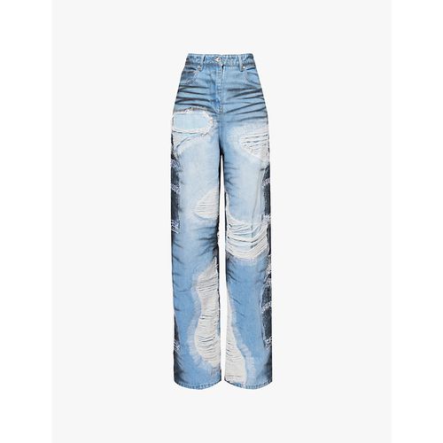 Womens Sky Noir Stripe Distressed Straight-leg Mid-rise Jeans 30