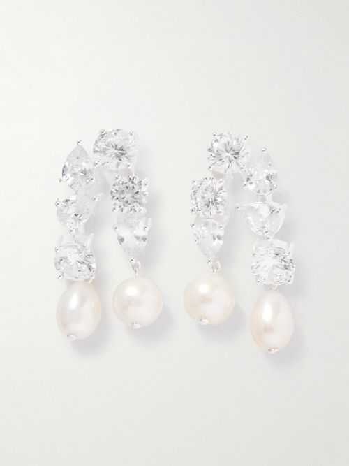 Cascading Recycled Silver, Cubic Zirconia And Pearl Earrings - One size
