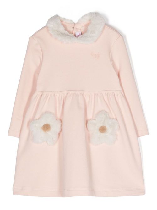 Faux-fur floral-patch dress - Pink