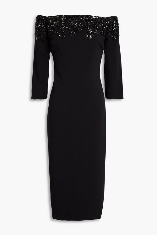 Off-the-shoulder embellished crepe midi dress